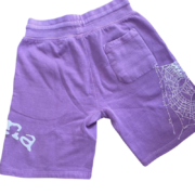 The back of purple Sp5der Worldwide Wunna shorts, showcasing the iconic spiderweb graphic design and urban streetwear style.