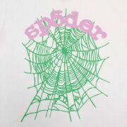 Sp5der OG Web T-shirt in white featuring a signature pink and green spider web graphic print streetwear design.