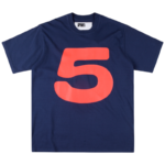 Sp5der 5 Baby Tee in navy blue featuring a bold red number 5 graphic print on the front of a casual crewneck t-shirt.