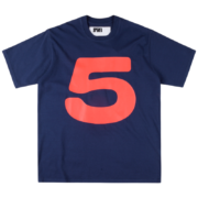 Sp5der 5 Baby Tee in navy blue featuring a bold red number 5 graphic print on the front of a casual crewneck t-shirt.