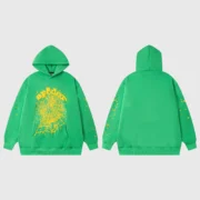 Front and back view of the green Sp5der Star OG Web V2 hoodie with iconic web graphic and star print detail.