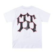 Back view of the white Sp5der Juan V2 T-shirt featuring a bold, racing-inspired black graphic design on the back.