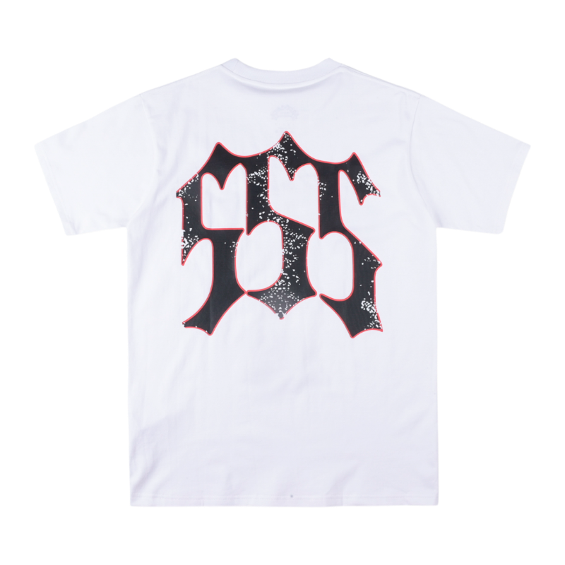 Back view of the white Sp5der Juan V2 T-shirt featuring a bold, racing-inspired black graphic design on the back.