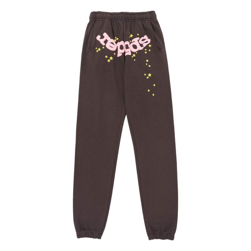 Sp5der OG Web Brown Sweatpants Front View Front view of brown Sp5der OG Web sweatpants featuring pink branding and yellow star print on premium fabric.