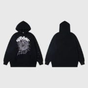 Front and back view of the black Sp5der Worldwide Web Hoodie featuring a large chest web graphic and premium fleece.