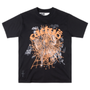 Front view of the black SP5DER x Cactus Jack x ComplexCon limited-edition graphic streetwear t-shirt for collectors
