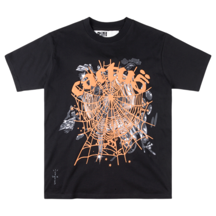 Front view of the black SP5DER x Cactus Jack x ComplexCon limited-edition graphic streetwear t-shirt for collectors