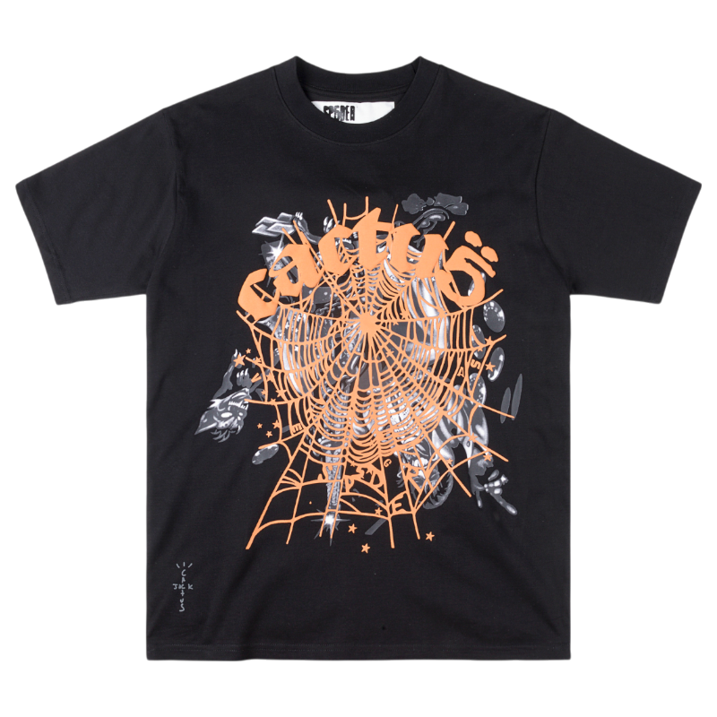 SP5DER x Cactus Jack x ComplexCon Exclusive Black Tee Front View Front view of the black SP5DER x Cactus Jack x ComplexCon limited-edition graphic streetwear t-shirt for collectors
