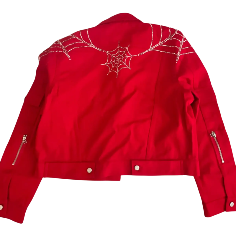 Back view of a vibrant red Sp5der denim jacket featuring a distinct rhinestone web graphic design on the shoulders.