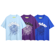 SP5DER Young Thug T-shirt collection featuring sky blue, purple, and royal blue streetwear tees with web graphics.