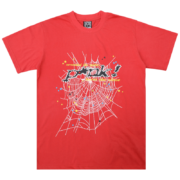 Red Sp5der T-shirt featuring a prominent white web graphic, bold streetwear text, and star accents on the front chest.