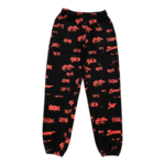 Front view of black Sp5der Sex AOP sweatpants with red all-over print logo and streetwear design aesthetic.