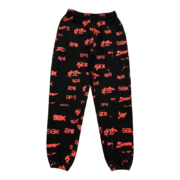 Front view of black Sp5der Sex AOP sweatpants with red all-over print logo and streetwear design aesthetic.