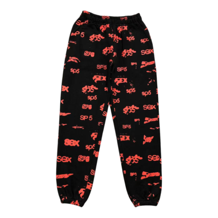Front view of black Sp5der Sex AOP sweatpants with red all-over print logo and streetwear design aesthetic.