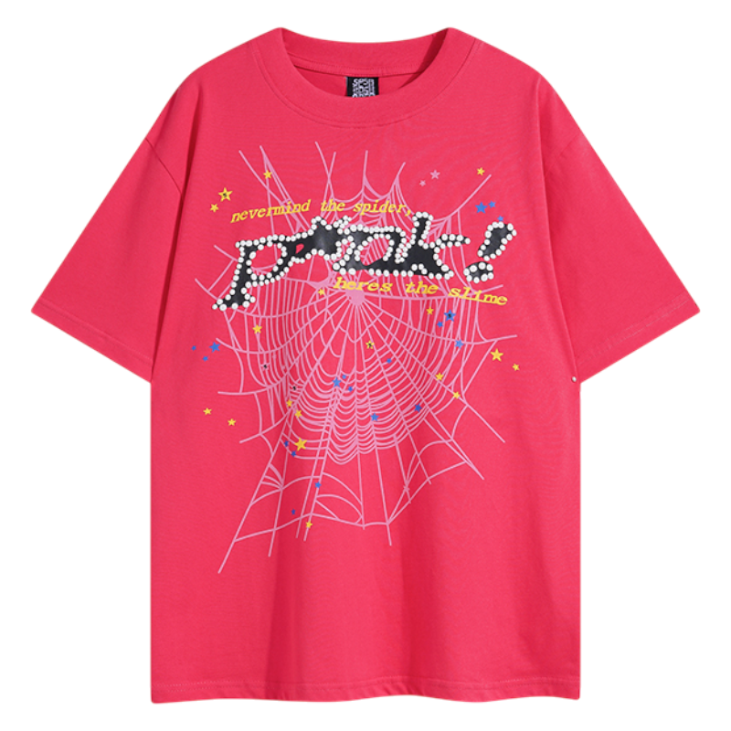 Sp5der Web Print pink T-shirt featuring a bold graphic design on soft breathable cotton for an edgy everyday look.