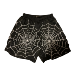 Front view of the Sp5der Lost Files streetwear shorts in black featuring a bold white spider web graphic design.