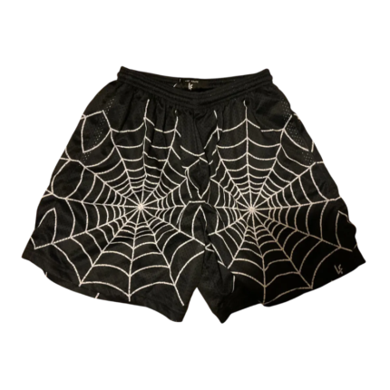 Front view of the Sp5der Lost Files streetwear shorts in black featuring a bold white spider web graphic design.