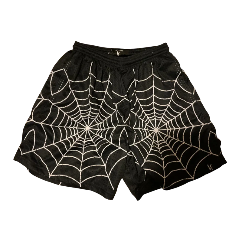 Front view of the Sp5der Lost Files streetwear shorts in black featuring a bold white spider web graphic design.