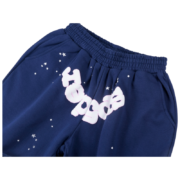 Navy Sp5der Worldwide OG Web Logo sweat shorts featuring white star graphics and bold text branding on the front.