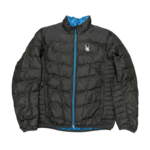 Sp5der men’s light down puffer jacket in black with blue accents and white signature logo branding front view