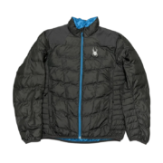 Sp5der men’s light down puffer jacket in black with blue accents and white signature logo branding front view