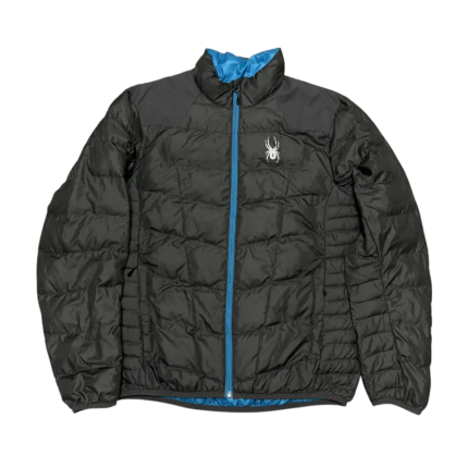 Sp5der men’s light down puffer jacket in black with blue accents and white signature logo branding front view