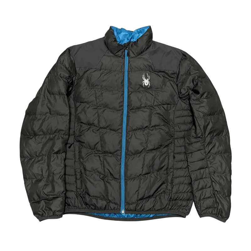 Sp5der men’s light down puffer jacket in black with blue accents and white signature logo branding front view