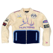 Front view of the cream and navy Sp5der Worldwide Hunters sherpa moto jacket with embroidered branding and graphics.