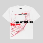 Front view of the white Sp5der Spinner Tee from the Archive collection featuring a bold red graphic print design.