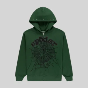 Sp5der Og Web Studded Zip Hoodie 'Green' front view