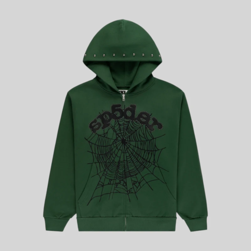 Sp5der Og Web Studded Zip Hoodie 'Green' front view