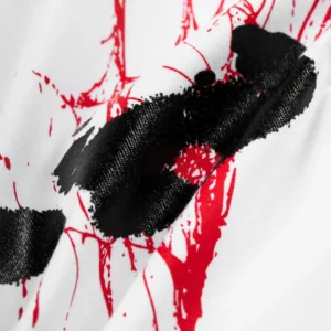 Close up view of the black and red iconic spinner graphic print featured on the white Sp5der Archive streetwear tee