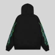 Back view of the limited edition black Juice WRLD 999 x Spider Worldwide 555 hoodie featuring green sleeve graphics.