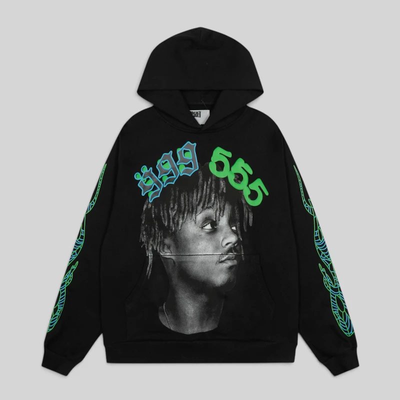 Juice WRLD 999 x Spider Worldwide 555 Hoodie Front View Black Juice WRLD 999 x Spider Worldwide 555 pullover hoodie featuring graphic print and spider web sleeve details