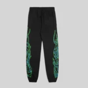 Back view of the black Juice WRLD 999 x Spider Worldwide 555 sweatpants with iconic web graphics on the legs.
