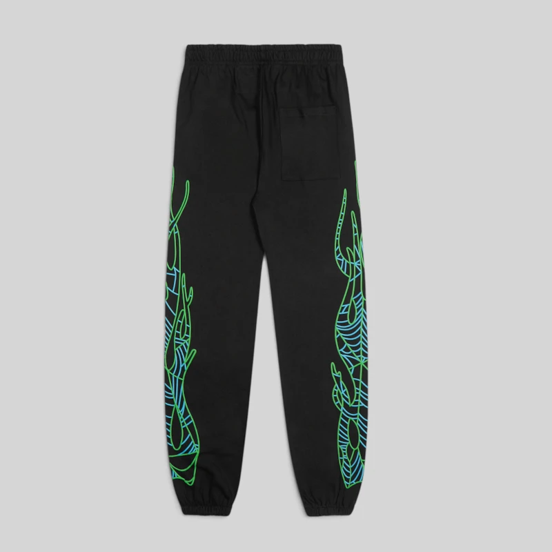 Back view of the black Juice WRLD 999 x Spider Worldwide 555 sweatpants with iconic web graphics on the legs.