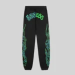 Front view of the black SP5DER x 999 Club sweatpants featuring green spider web graphics and 999 555 branding.