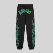 Front view of the black SP5DER x 999 Club sweatpants featuring green spider web graphics and 999 555 branding.