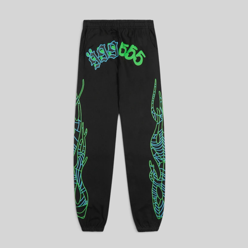 Front view of the black SP5DER x 999 Club sweatpants featuring green spider web graphics and 999 555 branding.