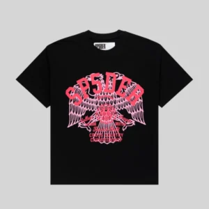 Front view of the Sp5der Cross Country Slub Tee in black with a vibrant pink eagle graphic and athletic text print.