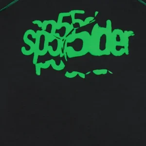 Close up of the green Sp5der graphic print and contrast stitching on the black Slub Tee streetwear shirt