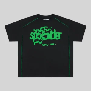 Sp5der Contrast Stitch Slub Tee in black with neon green graphic print and front-facing view for streetwear fashion.