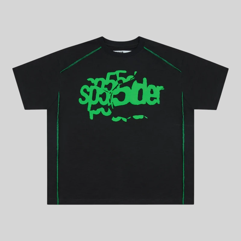 Sp5der Contrast Stitch Slub Tee in black with neon green graphic print and front-facing view for streetwear fashion.