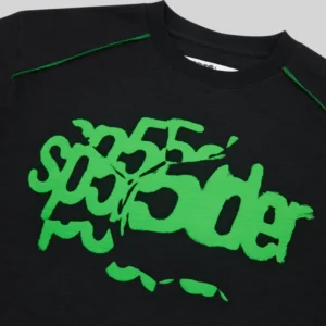 Close up of the Sp5der Contrast Stitch Slub Tee in black featuring a bold green graphic print and contrast stitching.