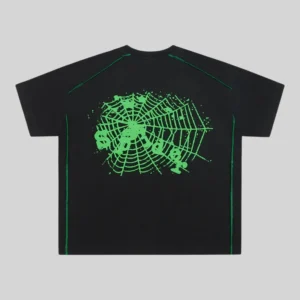 Black Sp5der Contrast Stitch Slub Tee showing the back with a green spiderweb graphic and contrast stitching