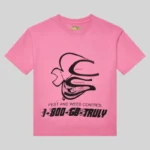 Front view of the vibrant pink Sp5der Pink Bite T-shirt featuring a black graphic print and pest control branding.