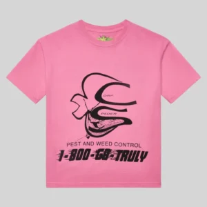 Front view of the vibrant pink Sp5der Pink Bite T-shirt featuring a black graphic print and pest control branding.