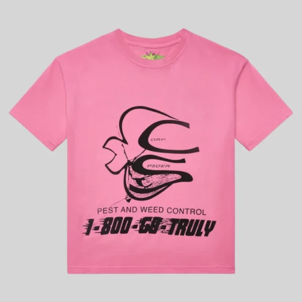 Front view of the vibrant pink Sp5der Pink Bite T-shirt featuring a black graphic print and pest control branding.