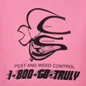 Close up view of the Sp5der Pink Bite Tee graphic featuring the Pest and Weed Control design and contact number.