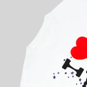 Close-up view of the I HEART Sp5der white t-shirt featuring the iconic red heart and black graphic print design.